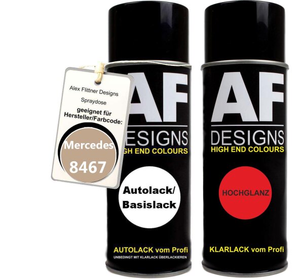 Spraydose für Mercedes / Daimler Benz 8467 Sandbeige Metallic Basislack Klarlack Sprühdose 400ml